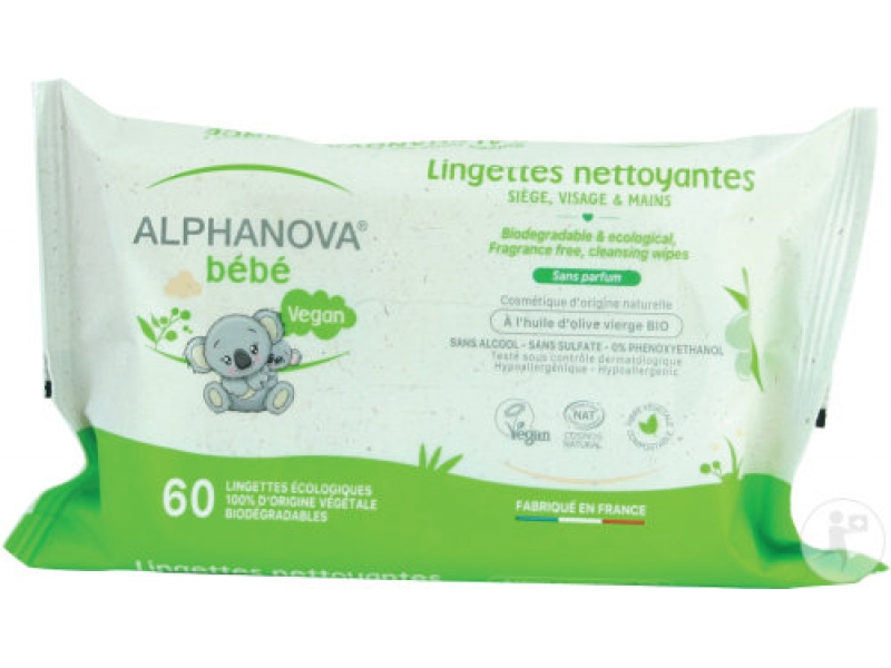 ALPHANOVA Bébé - Lingettes Bébé nettoyantes, écologiques et biodégradables à l'huile d'olive vierge 60 pièces